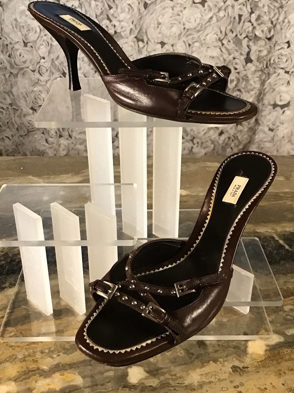 Prada Dark Brown Leather Sliver Studded & Buckle Slide Heels Sandals
